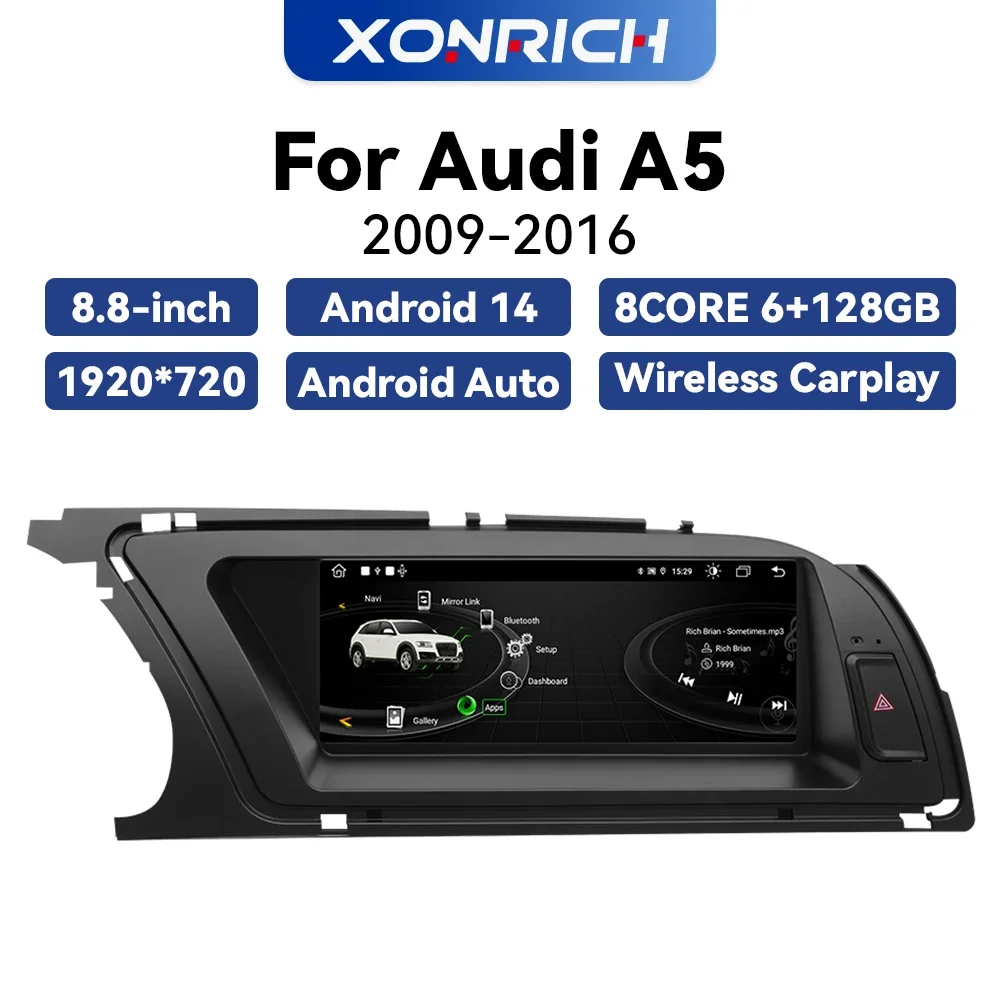 XONRICH-reproductor multimedia con pantalla IPS de 2009 pulgadas y navegación GPS para Audi, autorradio estéreo con Android 14, Carplay inalámbrico, 4G, WIFI, Bluetooth, para Audi A5 2016-8,8 1