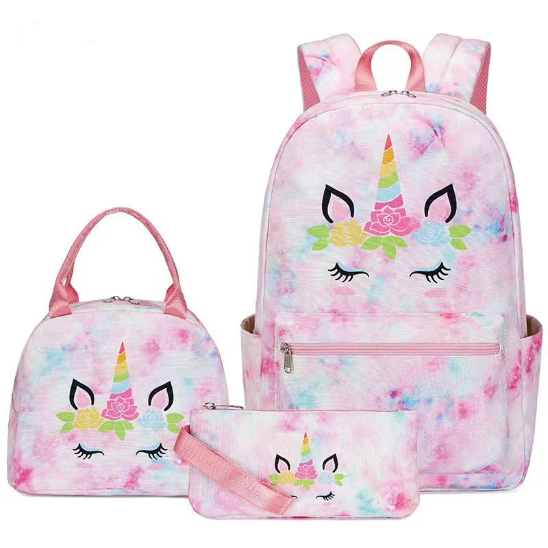 Children Fashion Unicorn Three Pieces Water Proof Suit For Teenagers Pencil Bag Lunch Bag School Bag Student Girls Backpack Set 1