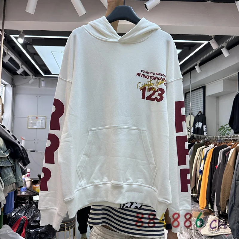 

White RRR123 Hoodie Men Women Heavy Fabric Sweatshirt Retro Washed Pullovers Oversize Top