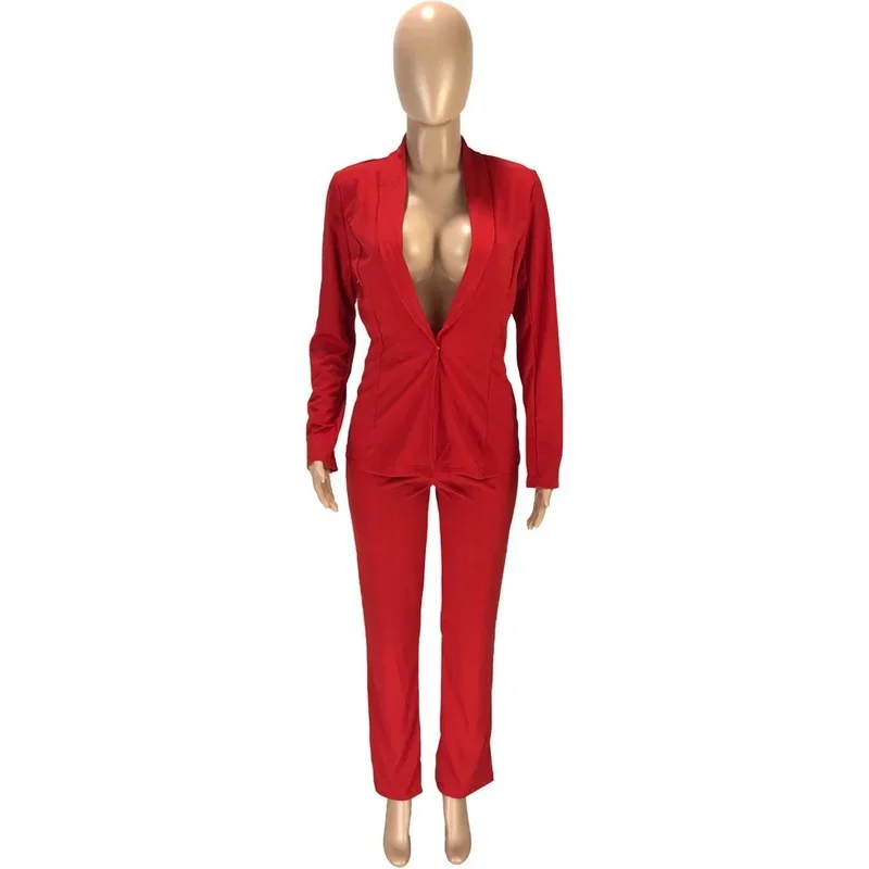 Two Piece Set Solid Colors Blazer Women V Neck Pant Suit Simple All-Match Casual Office Blazer Set Work Wear Commute Clothing
