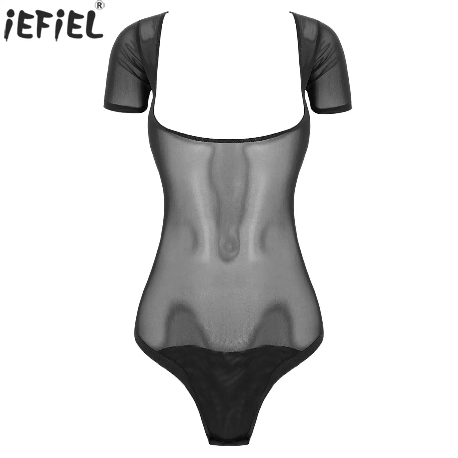 

Womens Bodycon Swimsuit See-Through Mesh Open Chest Bodysuit Short Sleeve Leotard Jumpsuit Bodybuilding Fitness Sports Costume