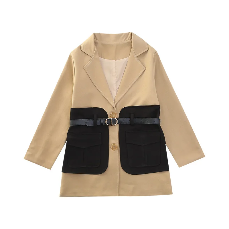 

Girls Spring Blazer Coats with Free Belt Casual School Children Patchwork Jackets Fashion All-Match Long Sleeve Kids Outerwears