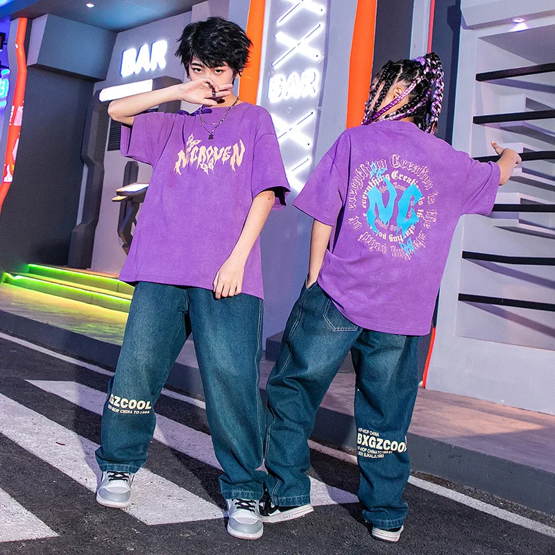 

Kids Teen Boys Girls Fashion Hip Hop Loose Casual Short Sleeve T-shirt Denim Jeans Pants Sets Children T Shirts Trousers Clothes