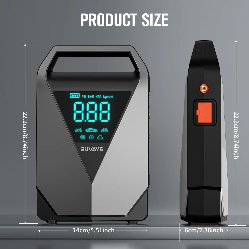 BUVAYE Car Jump Starter Air Pump 150PSI Air Compressor Tire Pump 3000A Car Booster Starting Device 12000mAh Battery Booster Pack