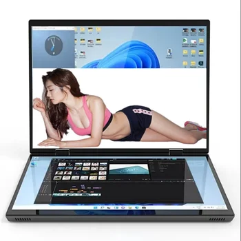 Dual Screen Laptop 14+14 Inch 2K Touch Screen Notebook 16GB Intel N100 CPU 360 Degree Flip Metal Case 2 in 1 Laptop Computer 2
