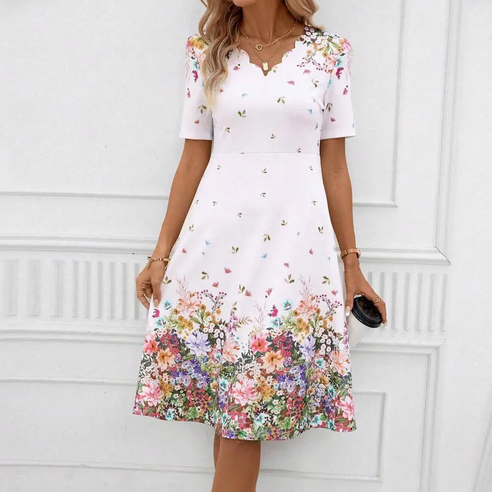 

Lightweight Printed Dress Floral Print A-line Midi Dress with Short Sleeves V Neck for Summer Parties Shopping Printed Dress