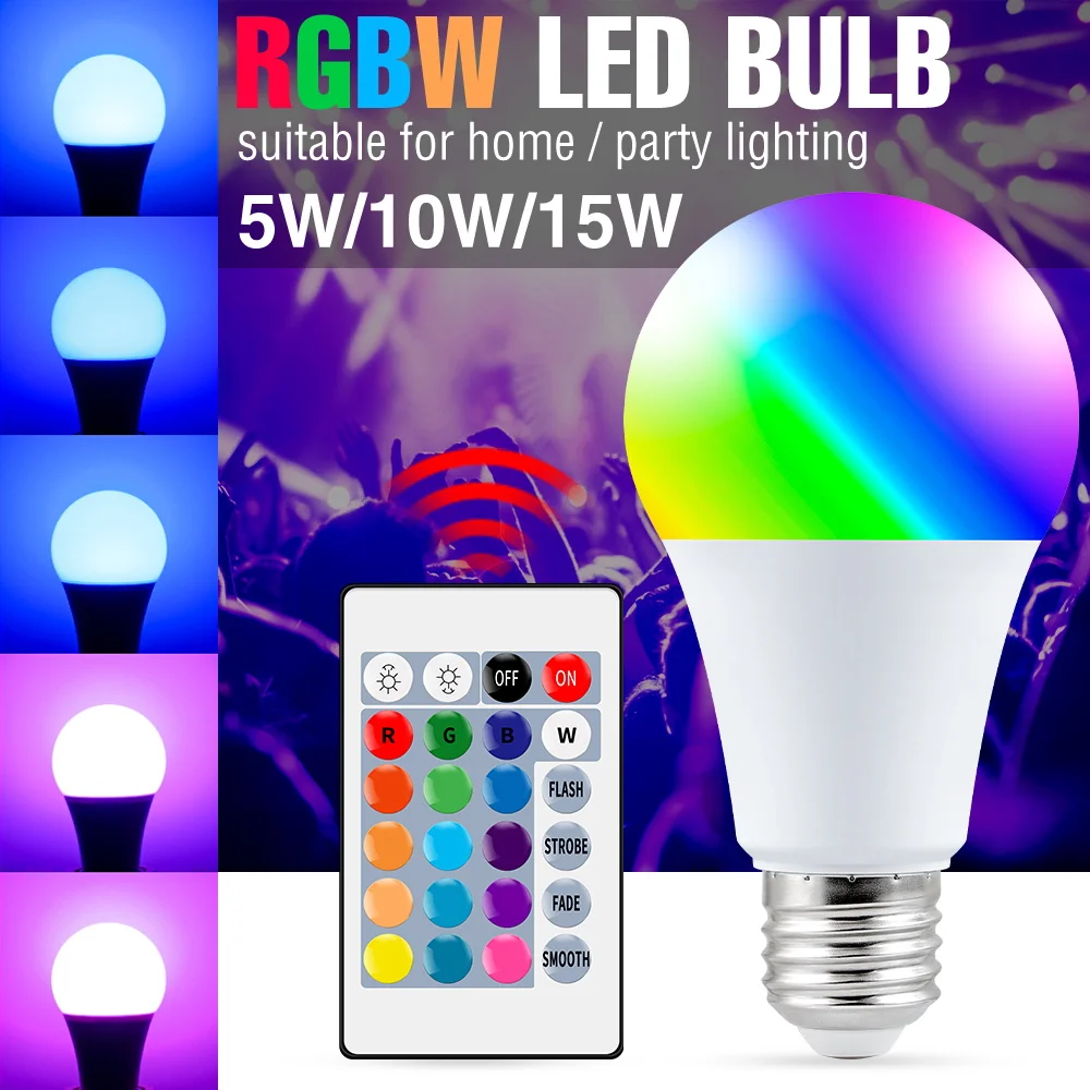 RGB Smart Led Bulb 5W 10W 15W Interior Party Decoration Atmosphere Lights E27 LED Magic Light IR Remote Control Dimmable Lamps uv purple light bulb 12w ac 85 265v purple transparent cover hotel party ghost house fluorescent atmosphere decoration light
