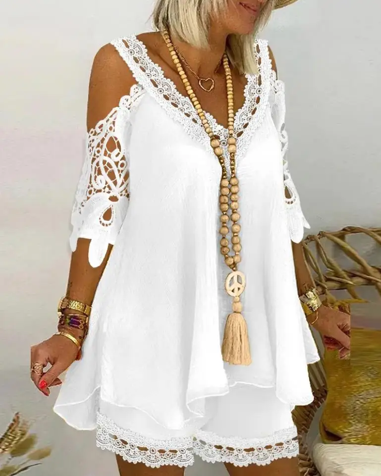 Dames Tweedelig Gevoel Voor Nicheontwerp Contrast Kant Cold Shoulder Flowy Top & Shorts Set 2023 Zomer Nieuwe Aankomst Hot Sale