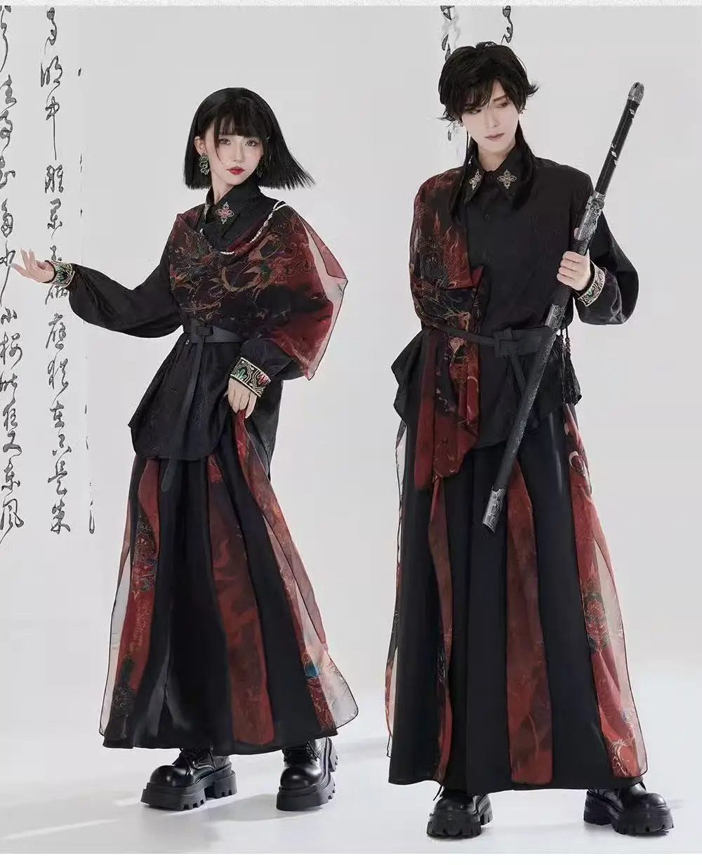 Niche Bisex Swordsman Costume Men Women Upgraded Chinese Style Embroidery Shirt Stylish Cool Black Street Skirt Pants Han