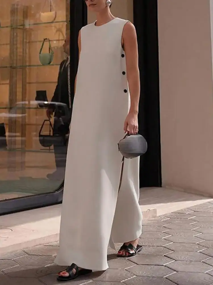 

Yeezzi Female Stylish Selection Buttoned Solid Color H-Line Split-Side Dress 2024 Summer Sleeveless Loose Casual Maxi Dresses