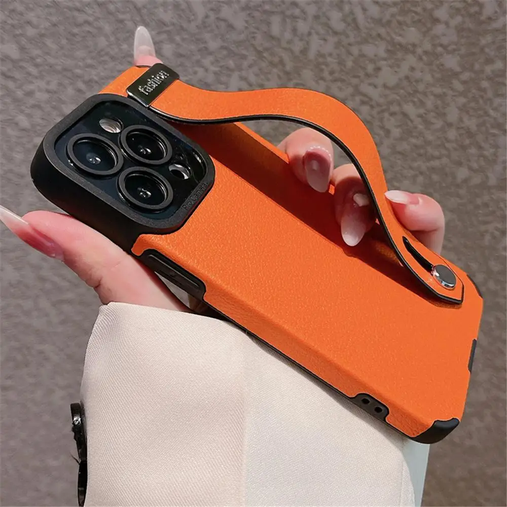 Luxury Leather Wrist Strap Holder Stand Phone Bracket Cover For iPhone 15 14 Pro Max 11 12 13 Pro Max Shockproof Silicone Case