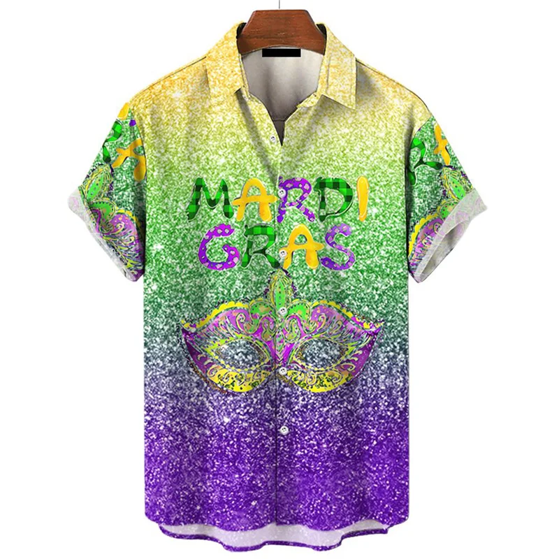 

3d Print Mardi Cras Festival Hawaiian Shirt For Men Summer Fashion Purple Shirts Street Loose Short Sleeves Tops Clothing