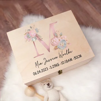 Personalised Baby Gift Keepsake Boxes Custom Memory Box Flower Letter Print Wood Boxes Newborn Shower Gift Baby Birth Stats Box