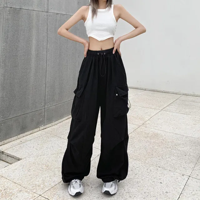 Womens Baggy Cargo Pants Streetwear Hip Hop Joggers Sweatpants Drawstring Casual Wide Leg Running Pants For Women Plus Size 2