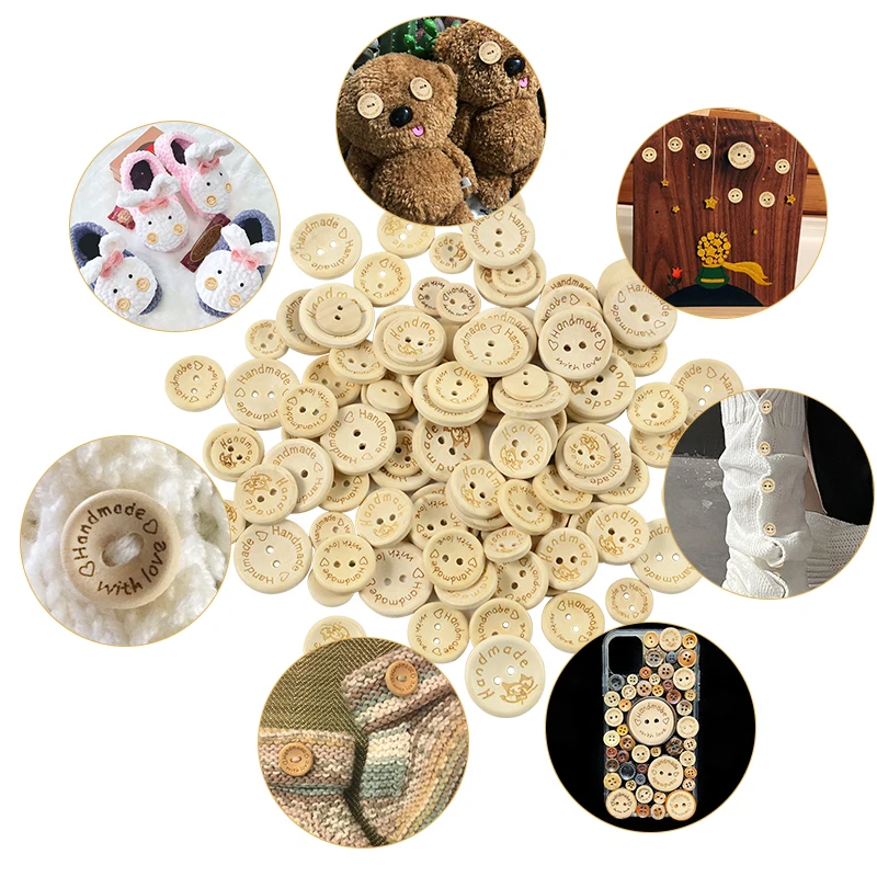100Pcs Wooden handmade with Love Buttons Craft Sewing Closures Connectors  Gift