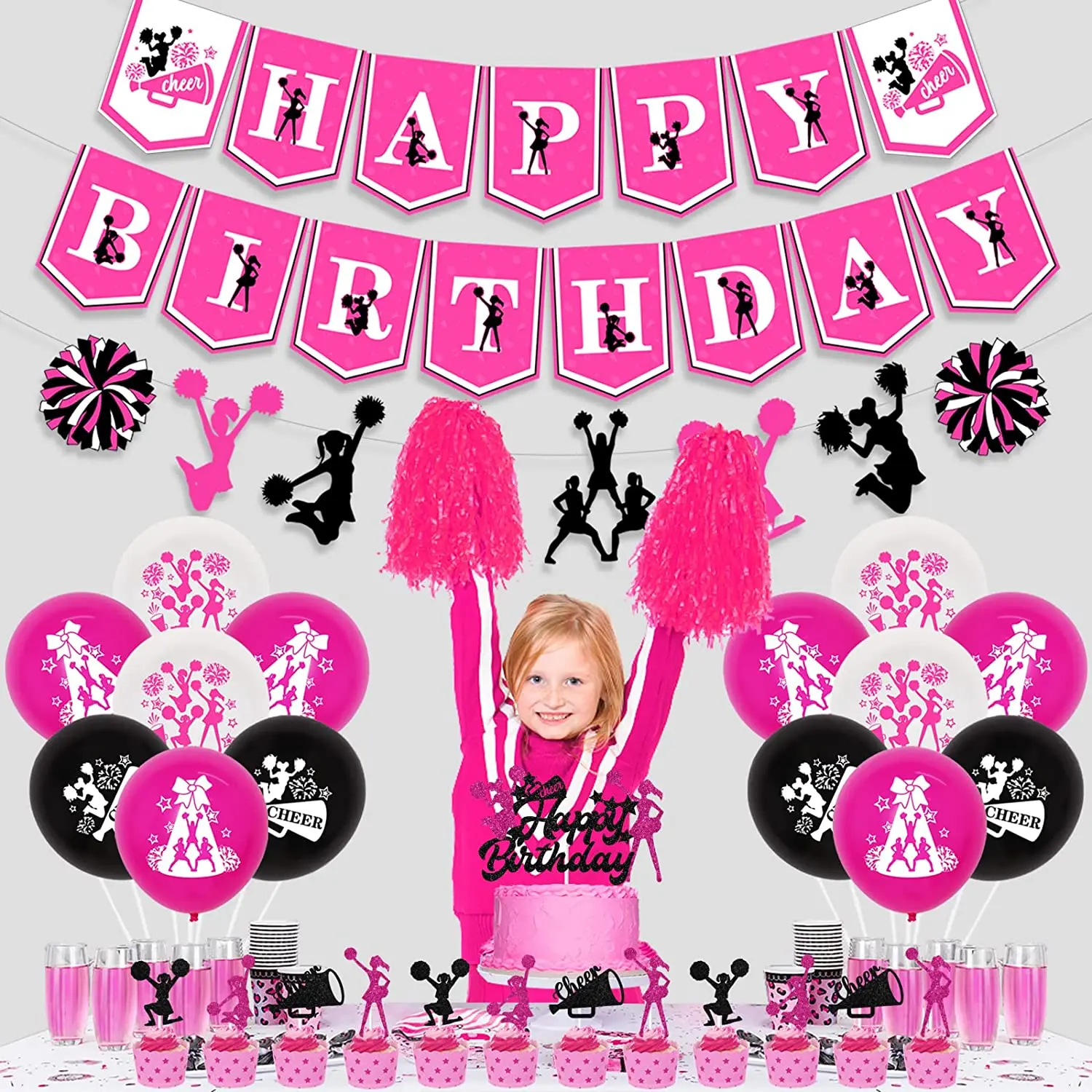 Funmemoir Cheerleading decorazioni per feste di compleanno per ginnastica ragazza rosa rossa Cheerleader Banner Cake Topper palloncini fornure  15