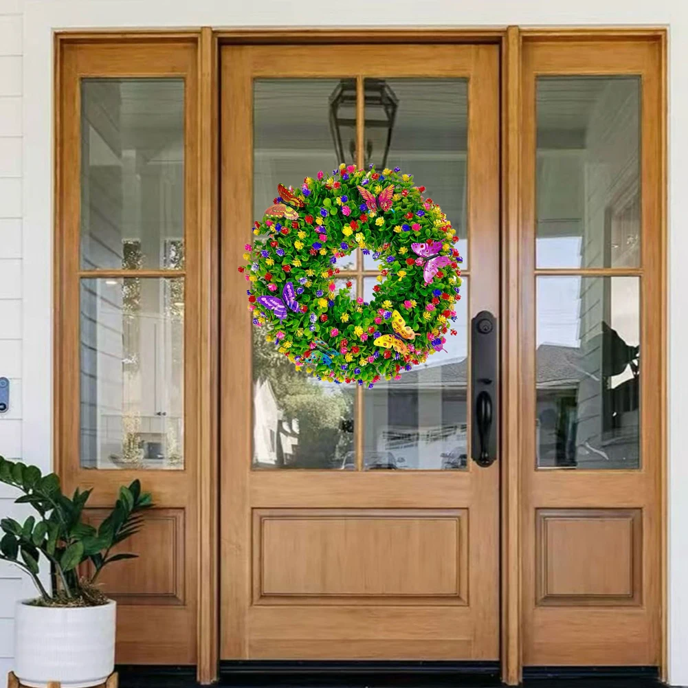 Artificial Eucalyptus Wreath Butterfly Flower Wreath Eucalyptus Leave Wreath Summer Wreath for Front Door Wall & Window Decor