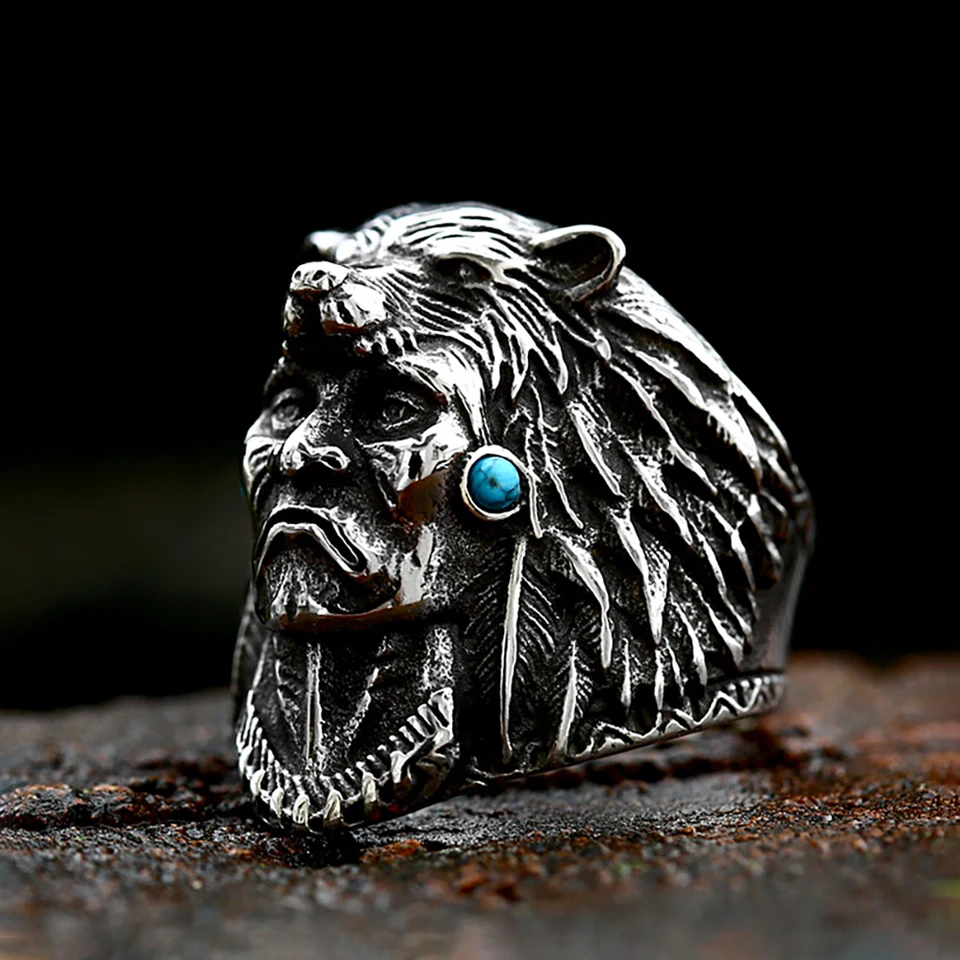 Vintage Stainless Steel Indian Warrior Ring With Blue Stone