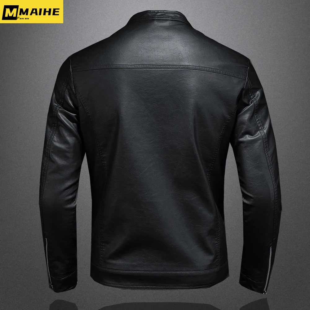 New Men Leather Jacket Classic Slim Fit Motorcycle PU Leather Jacket Solid Color Standing Collar Men Large Black Leather Jacket
