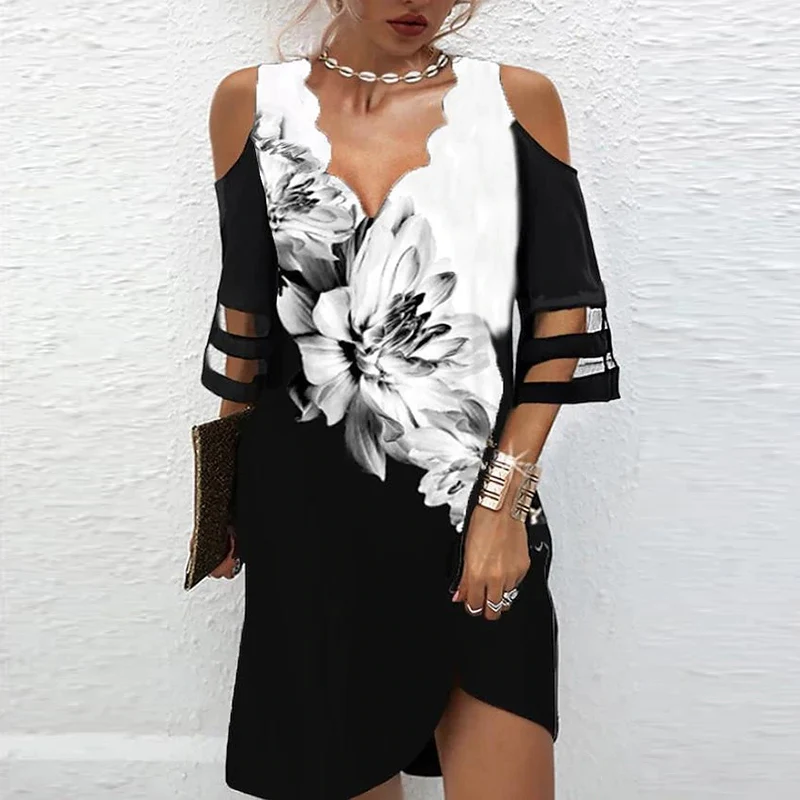 

Women Short winter V Neck Sleeve Lace Mesh Patchwork Casual Loose Beach Floral Print Mini Dress S-4XL Fashion discount Sale