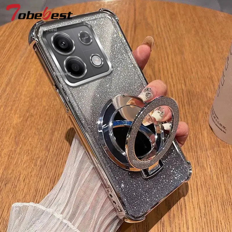 Glitter Shockproof Silicone Case with Mirror Magnetic Holder Stand