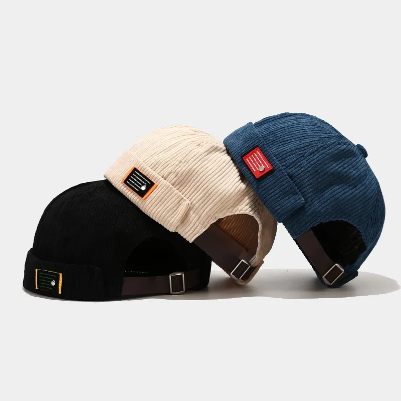 

Men Vintage Corduroy Melon Hat Individual Label Brimless Beanie Cap Japanese Harajuku Landlord Hat Adjustable Dome Docker Caps
