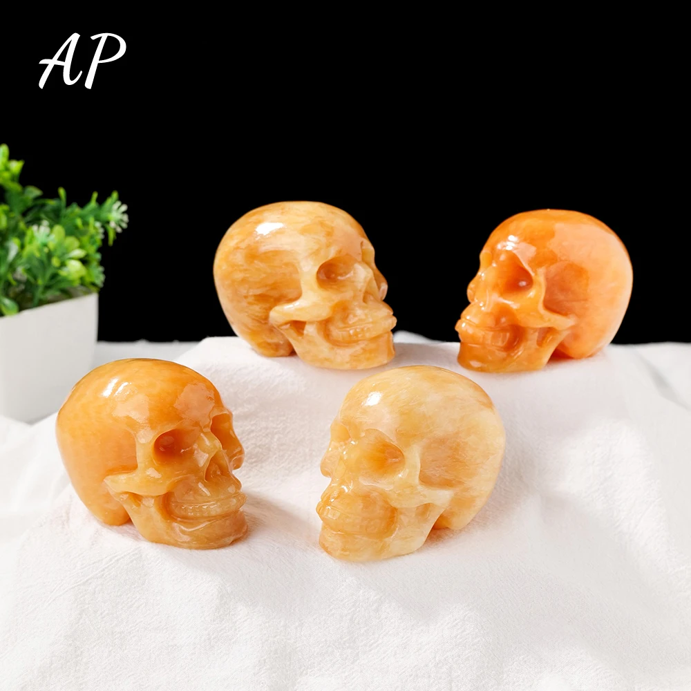 

3inch Natural Crystal Skull Ghost Yellow Calcite Head Statue Healing Collectible Handmade Yellow Gem DIY Figurine Carved Decor