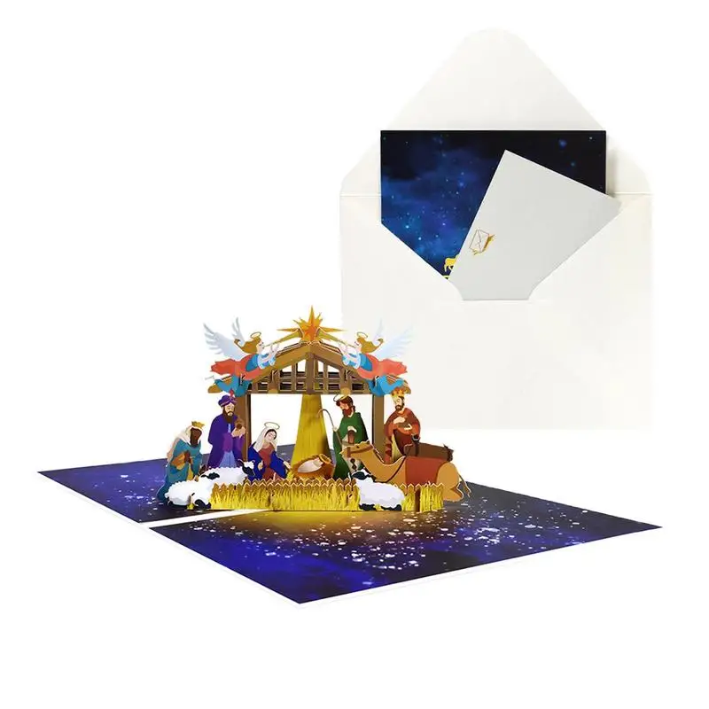 Merry Christmas Christian Jesus In Manger Outdoor Image 3D Pop Up Card Nativity Scene For Birthday Greeting