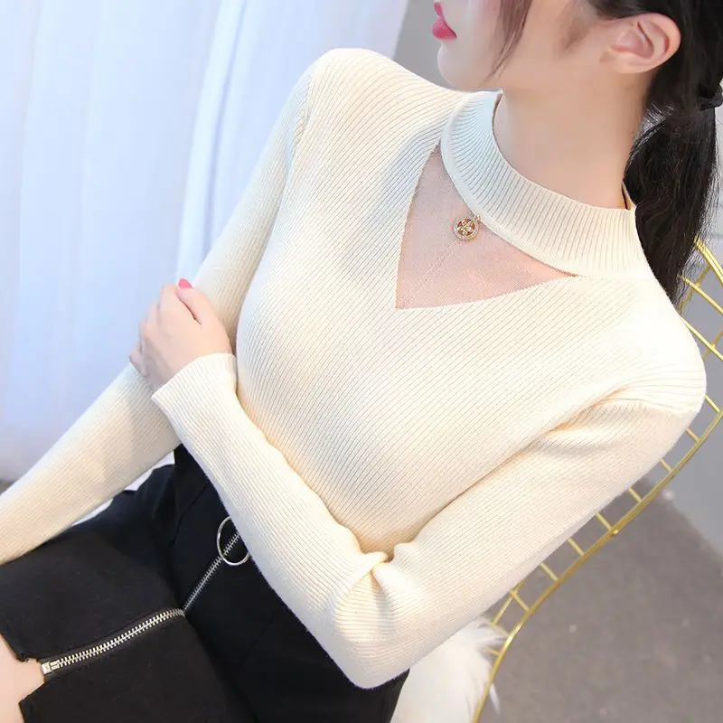

Autumn New Half High Neck Net Yarn Hollow Out Knitting Top Long Sleeve Solid Slim Bottoming Shirt Fashion Elegant Women Clothing