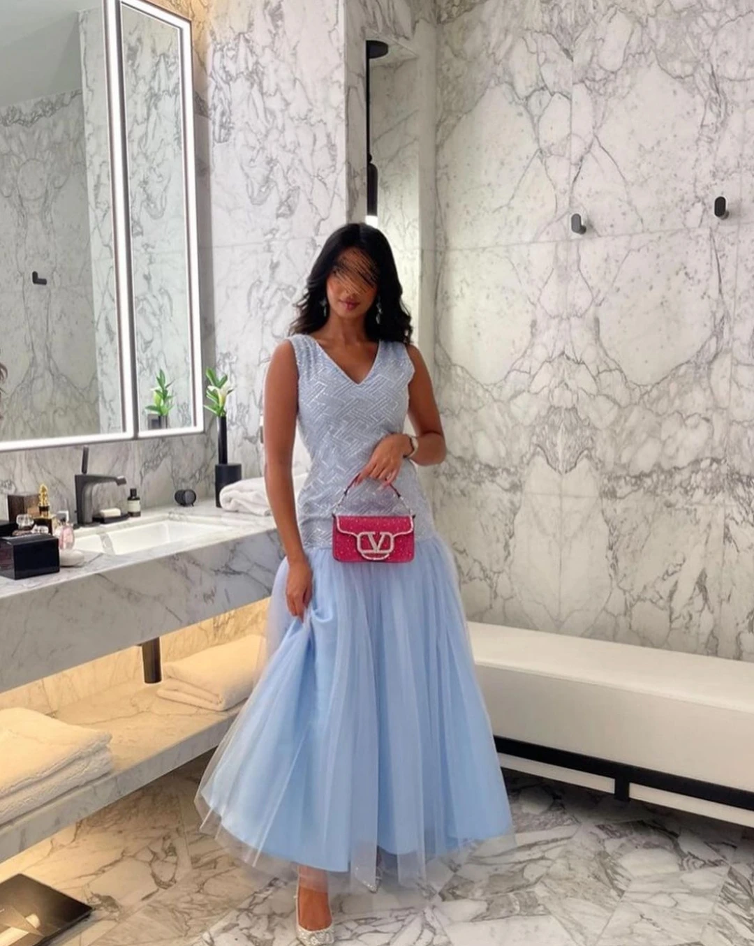 

AsaNagi Light Blue Tulle Prom Dress Women Sleeveless V Neck A Line Party Evening Elegant Gown 2023 Saudi Arabic Vestido Festa