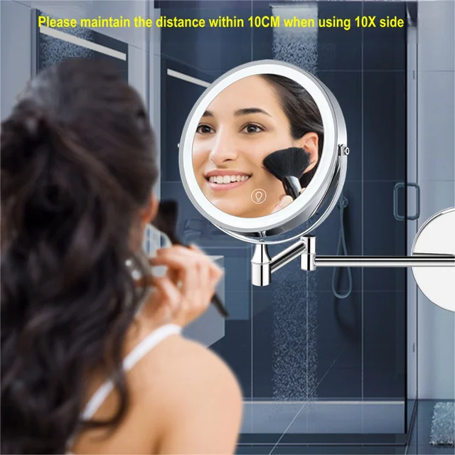Miroir de douche mural avec chargeur USB de 8 pouces, avec lumières, miroir de maquillage LED grossissant Double face 1X/10X, miroir de vanité 3