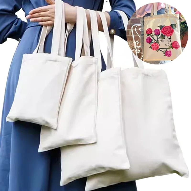 Large Capacity Canvas Shoulder Handbag Folding Eco-Friendly Cotton Tote Bag Reusable DIY Painting Grocery Bag