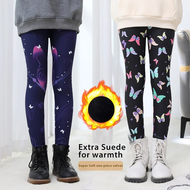 Girl Fleece Leggings Pants Autumn Winter Kids Baby Girls Fleece Leggings Thick Warm Print Trousers 2-15Years