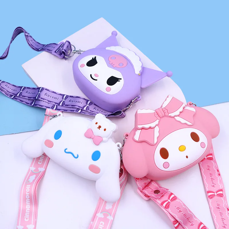 

Kawaii Sanrio Coin Purse Cartoon Hellokitty Cinnamoroll Kuromi Mymelody Kids Silicone Shoulder Bag Children's Birthday Gift