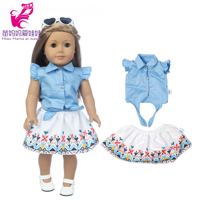 18 Inch Girl Doll Blue Blouse Tie A Knot Flower Dress Baby Doll Clothes Baby Girl Gifts 2
