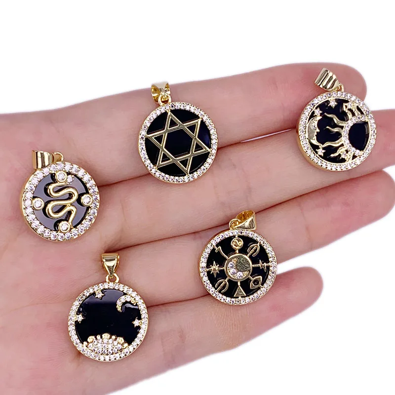 

Luxury Round Black Agate Necklace Pendant/Star Of David/Snake/Moon/Evil Eyes/Star/Compass/Love Alphabet Fine Jewelry For Women
