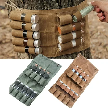 Spice Bag with 9 Spice Jars, Canvas Seasoning Storage Bag Organizer Condiment Container Set for Outdoor Camping BBQ Picnic