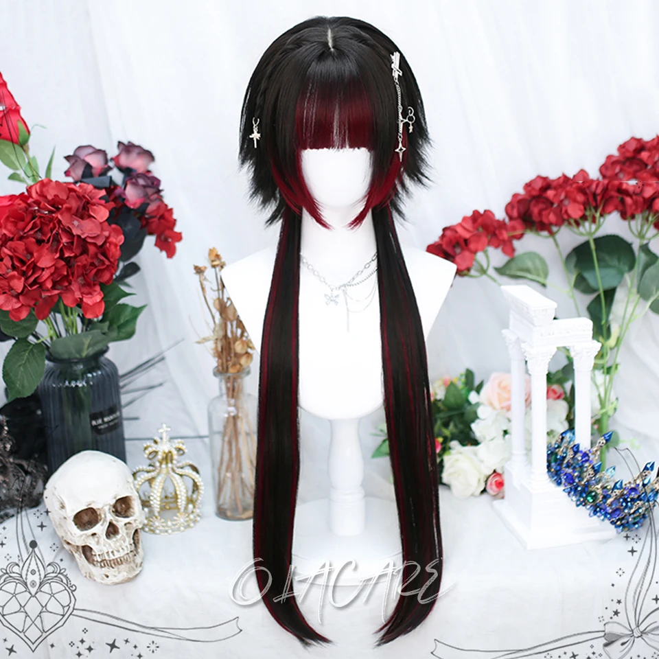 OLACARE Synthetic Long Straight Lolita Wig with Bang Ombre Red Purple Blue Cosplay Party Halloween Christmas Wavy Curly Wig