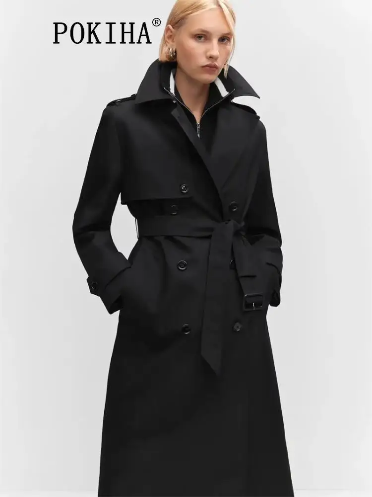 

Pokiha Winter Elegant 2023 Double-Breasted Trench Coat With Belt For Women Fashion Long Sleeve Female Outerwear Chic Overcoat