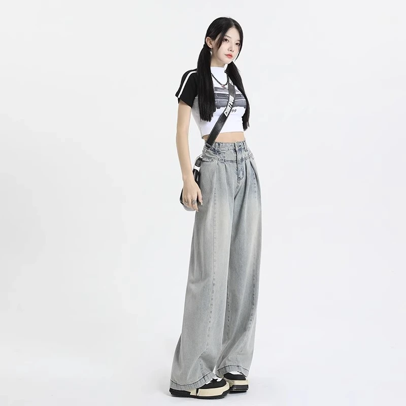 Vintage drape jeans women's spring and summer design high-waisted Spice Girls small loose straight dragging wide-legged pants