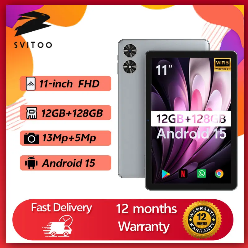 SVITOO 11-inch Tablet Android 15 12GB RAM 128GB ROM Octa