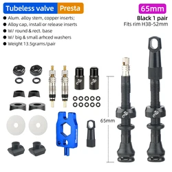 Tubeless Tire Valve for Carbon Rims with Detachable Brass Core and Cap - Multiple Sizes Available (Black 65MM 2pcs FA4)