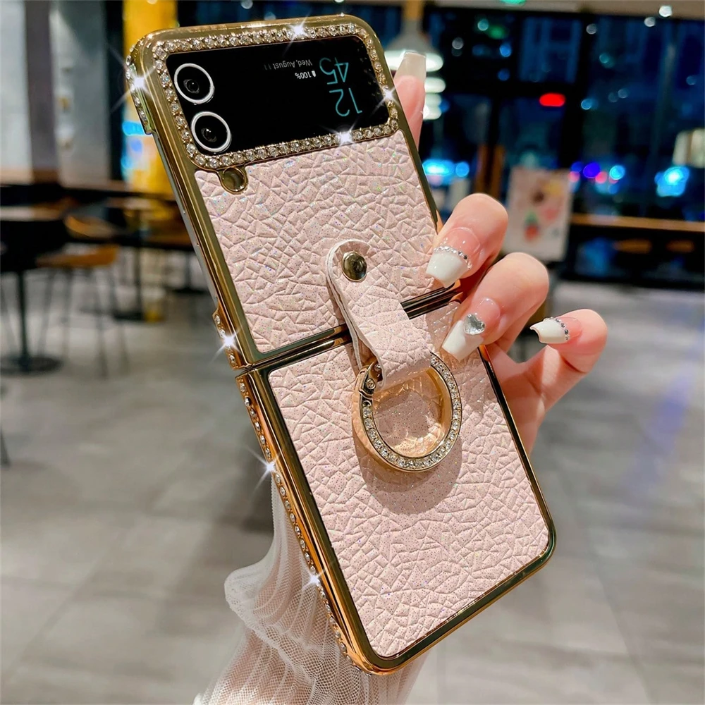 Luxury Plating Diamond Round Ring Leather Phone Case - Glitter Shine Shockproof Cover