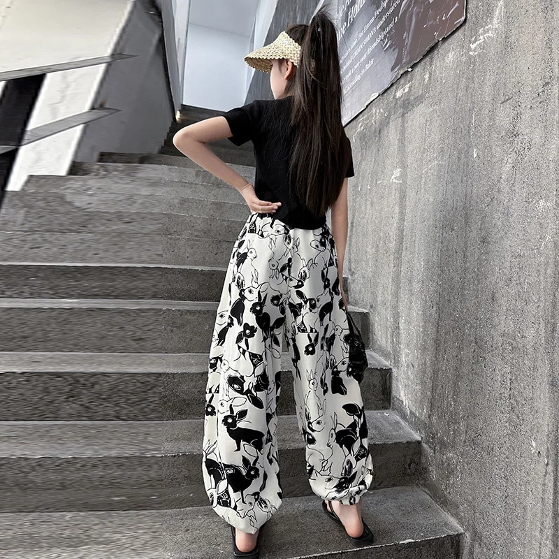 Baby Girls Clothes Summer Outfits Rabbit Printed Slim Short T-shirts Loose Sweat pants 5 6 7 8 9 10 11 12 13 Years Children sets