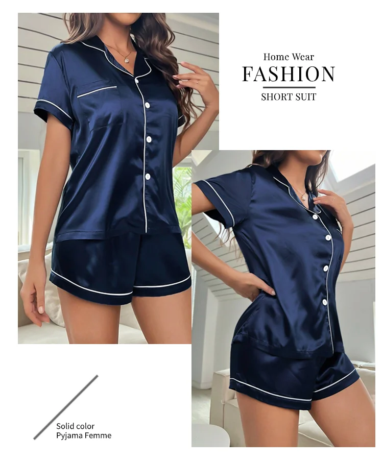 Sommer-Pyjama-Set aus Seidensatin für Damen, Oberteil und Shorts mit Knopfleiste, 2-teilig, Nachtwäsche, gekerbter Kragen, Nachtwäsche, Loungewear für Damen – Detail 7