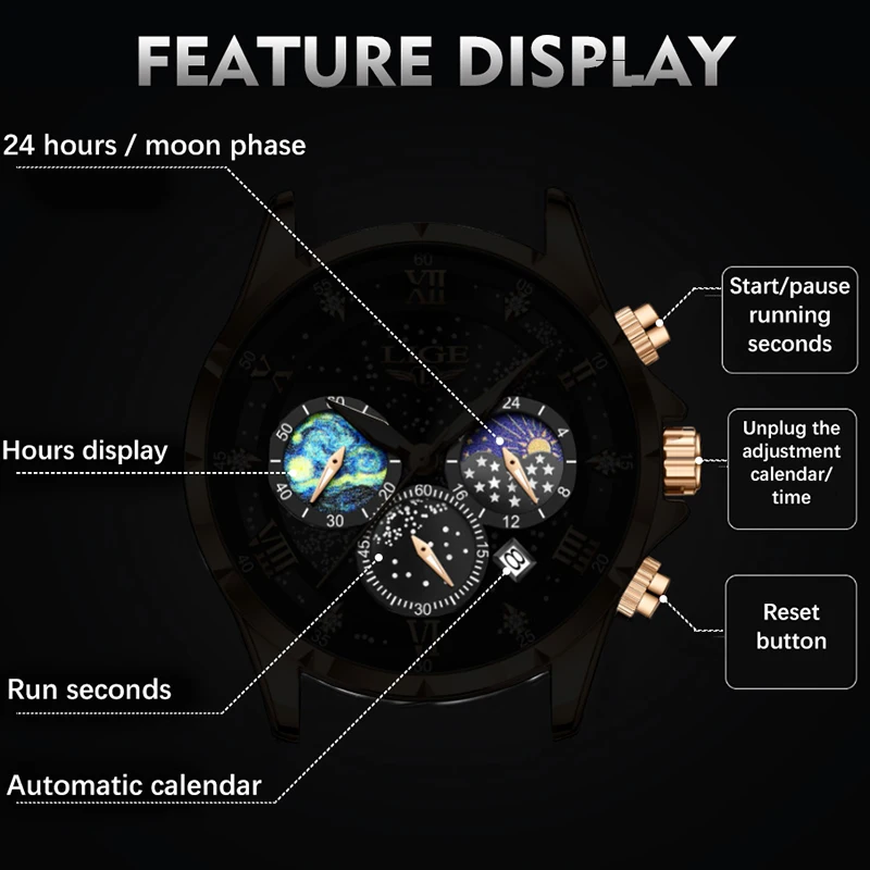 LIGE Sports Chronograph Wrist Watches For Men Waterproof Luminous Quartz Men Watch Fashion Leather 24 hour Moon Phase Watch Men