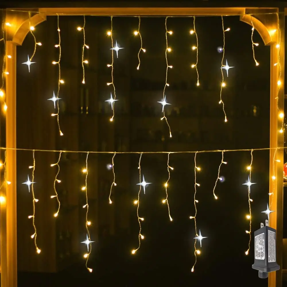 thumbnail image 4 of Cortina de luces LED con forma de carámbano para decoración navideña 2025 (blanco cálido + luz estroboscópica blanca fría) 4 m (ancho) x 0,4/0,5/0,6 m (alto) Enchufe de EE. UU./UE Nuevo Y, 4 of 5