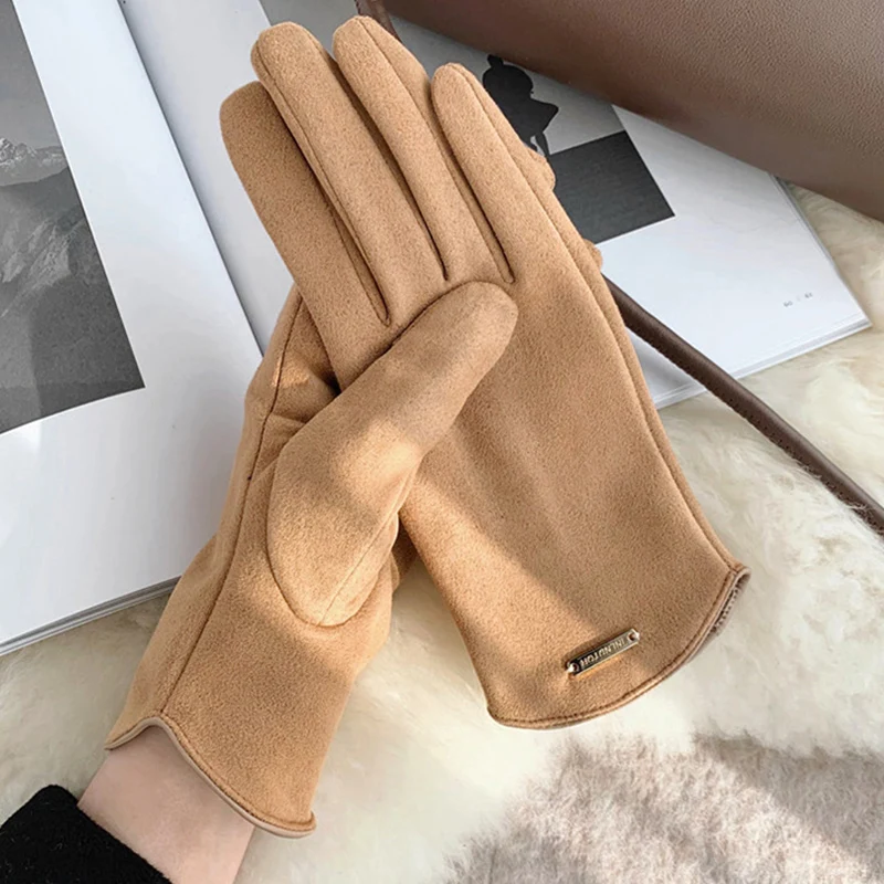 

Woman's Winter Warm Glove Suede Leather Touchscreen Driving Gloves Cold Velvet Thick Fingerless Flip Cycling Mittens Fashion