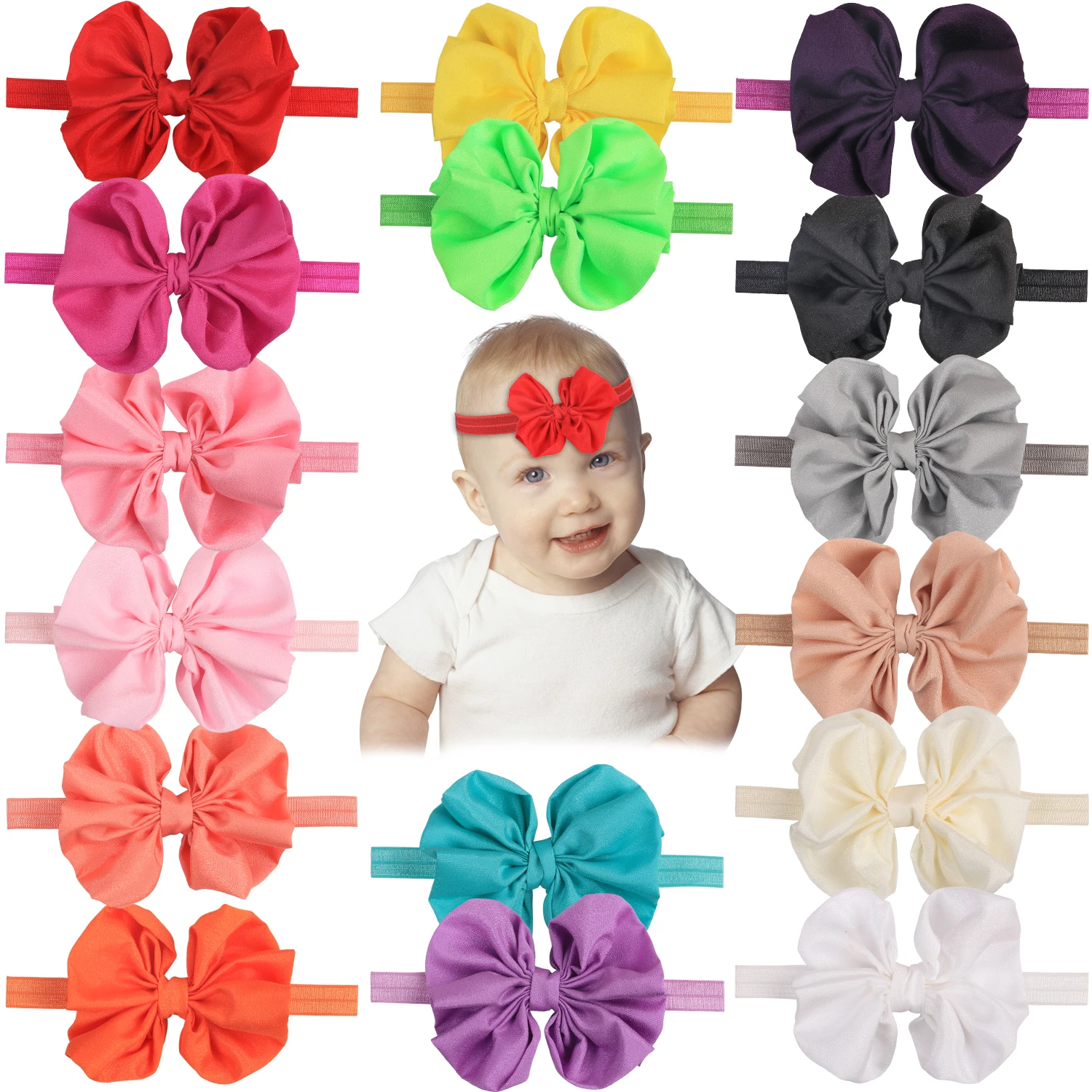 Xima 16pcs/lot Satin Bows Headband 4''fabric Bow With Elastic Headband
