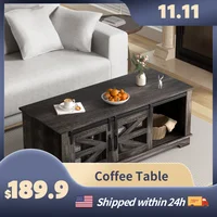 48'' Coffee Table with Storage & Sliding Barn Doors, Farmhouse & Industrial Cocktail Table w/Adjustable Shelves 1
